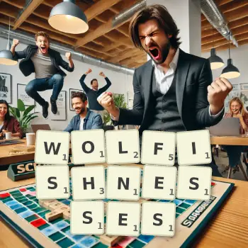 Creative illustration for a Scrabble game with the word WOLFISHNESSES spelled out in tiles on the board.