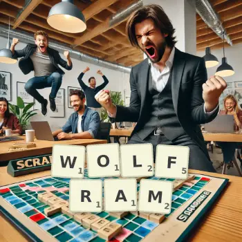 Creative illustration for a Scrabble game with the word WOLFRAM spelled out in tiles on the board.