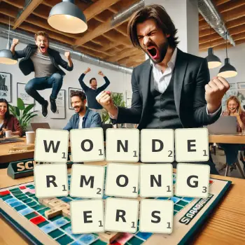 Creative illustration for a Scrabble game with the word WONDERMONGERS spelled out in tiles on the board.