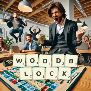 Creative illustration for a Scrabble game with the word WOODBLOCK spelled out in tiles on the board.