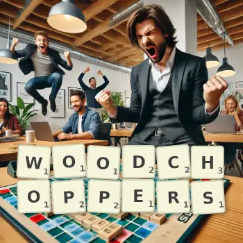 Creative illustration for a Scrabble game with the word WOODCHOPPERS spelled out in tiles on the board.