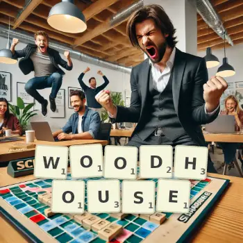 Creative illustration for a Scrabble game with the word WOODHOUSE spelled out in tiles on the board.