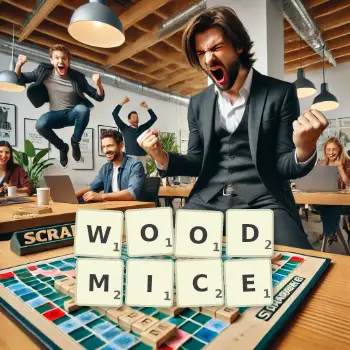 Creative illustration for a Scrabble game with the word WOODMICE spelled out in tiles on the board.