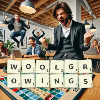Creative illustration for a Scrabble game with the word WOOLGROWINGS spelled out in tiles on the board.