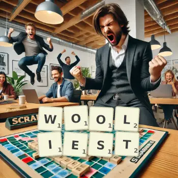 Creative illustration for a Scrabble game with the word WOOLIEST spelled out in tiles on the board.