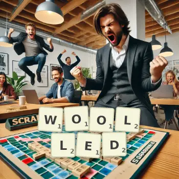 Creative illustration for a Scrabble game with the word WOOLLED spelled out in tiles on the board.