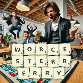 Creative illustration for a Scrabble game with the word WORCESTERBERRY spelled out in tiles on the board.