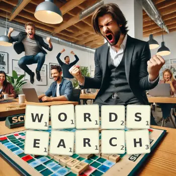 Creative illustration for a Scrabble game with the word WORDSEARCH spelled out in tiles on the board.