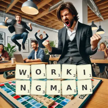 Creative illustration for a Scrabble game with the word WORKINGMAN spelled out in tiles on the board.