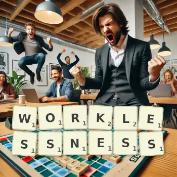 Creative illustration for a Scrabble game with the word WORKLESSNESS spelled out in tiles on the board.