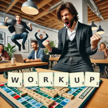 Creative illustration for a Scrabble game with the word WORKUP spelled out in tiles on the board.