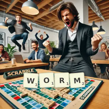 Creative illustration for a Scrabble game with the word WORM spelled out in tiles on the board.