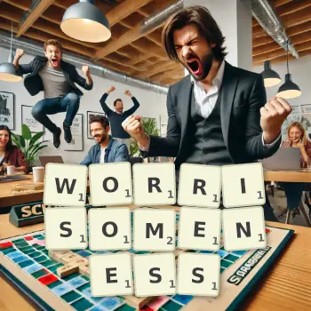 Creative illustration for a Scrabble game with the word WORRISOMENESS spelled out in tiles on the board.