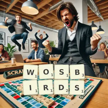 Creative illustration for a Scrabble game with the word WOSBIRDS spelled out in tiles on the board.