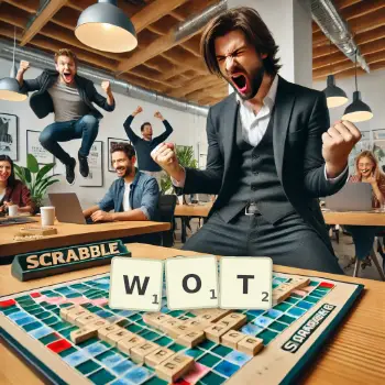 Creative illustration for a Scrabble game with the word WOT spelled out in tiles on the board.