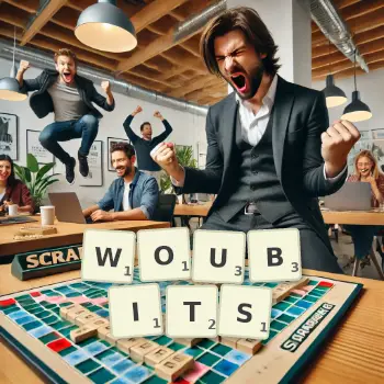 Creative illustration for a Scrabble game with the word WOUBITS spelled out in tiles on the board.