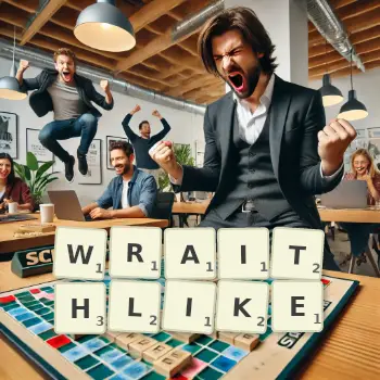 Creative illustration for a Scrabble game with the word WRAITHLIKE spelled out in tiles on the board.