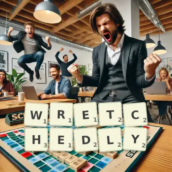 Creative illustration for a Scrabble game with the word WRETCHEDLY spelled out in tiles on the board.