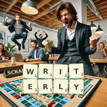 Creative illustration for a Scrabble game with the word WRITERLY spelled out in tiles on the board.