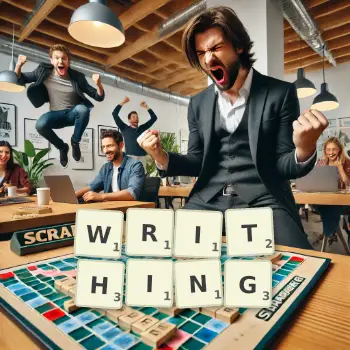 Creative illustration for a Scrabble game with the word WRITHING spelled out in tiles on the board.