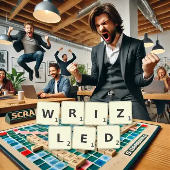 Creative illustration for a Scrabble game with the word WRIZLED spelled out in tiles on the board.