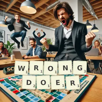 Creative illustration for a Scrabble game with the word WRONGDOER spelled out in tiles on the board.