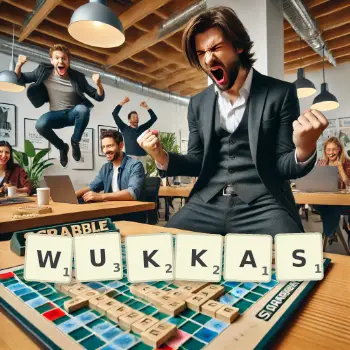 Creative illustration for a Scrabble game with the word WUKKAS spelled out in tiles on the board.