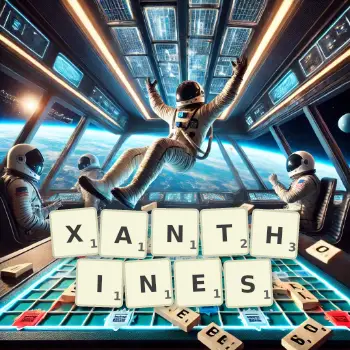 Creative illustration for a Scrabble game with the word XANTHINES spelled out in tiles on the board.