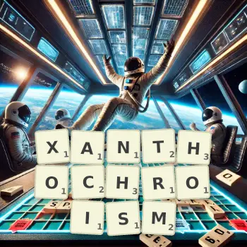 Creative illustration for a Scrabble game with the word XANTHOCHROISM spelled out in tiles on the board.