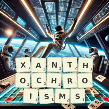 Creative illustration for a Scrabble game with the word XANTHOCHROISMS spelled out in tiles on the board.