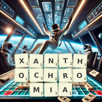 Creative illustration for a Scrabble game with the word XANTHOCHROMIA spelled out in tiles on the board.