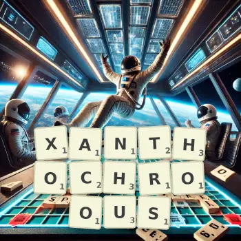 Creative illustration for a Scrabble game with the word XANTHOCHROOUS spelled out in tiles on the board.