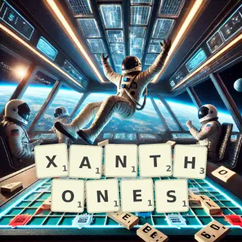 Creative illustration for a Scrabble game with the word XANTHONES spelled out in tiles on the board.