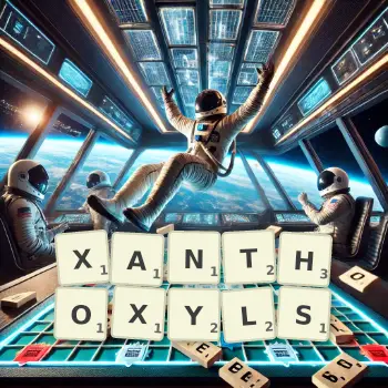 Creative illustration for a Scrabble game with the word XANTHOXYLS spelled out in tiles on the board.