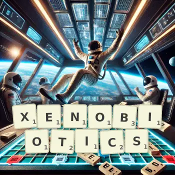 Creative illustration for a Scrabble game with the word XENOBIOTICS spelled out in tiles on the board.