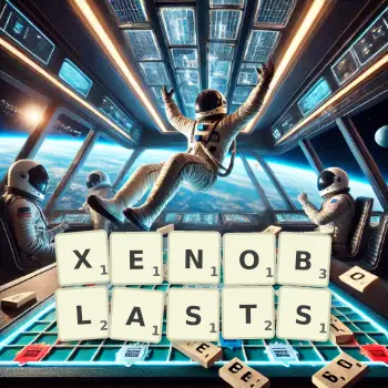 Creative illustration for a Scrabble game with the word XENOBLASTS spelled out in tiles on the board.