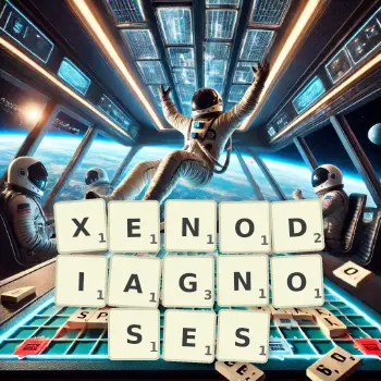 Creative illustration for a Scrabble game with the word XENODIAGNOSES spelled out in tiles on the board.