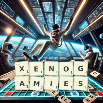 Creative illustration for a Scrabble game with the word XENOGAMIES spelled out in tiles on the board.