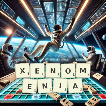 Creative illustration for a Scrabble game with the word XENOMENIA spelled out in tiles on the board.