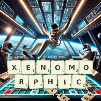 Creative illustration for a Scrabble game with the word XENOMORPHIC spelled out in tiles on the board.