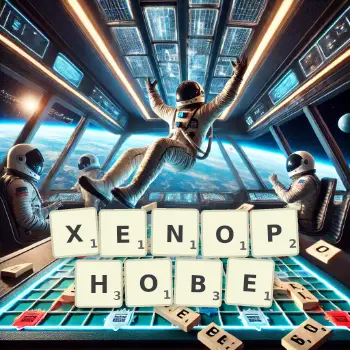 Creative illustration for a Scrabble game with the word XENOPHOBE spelled out in tiles on the board.