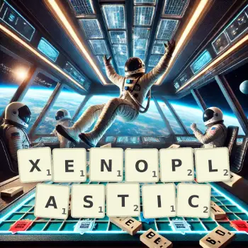 Creative illustration for a Scrabble game with the word XENOPLASTIC spelled out in tiles on the board.