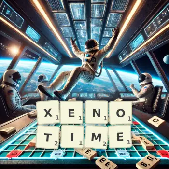 Creative illustration for a Scrabble game with the word XENOTIME spelled out in tiles on the board.