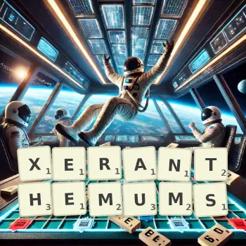 Creative illustration for a Scrabble game with the word XERANTHEMUMS spelled out in tiles on the board.