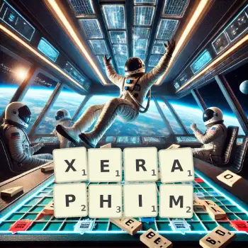 Creative illustration for a Scrabble game with the word XERAPHIM spelled out in tiles on the board.