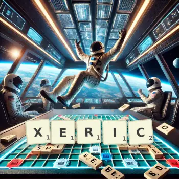 Creative illustration for a Scrabble game with the word XERIC spelled out in tiles on the board.