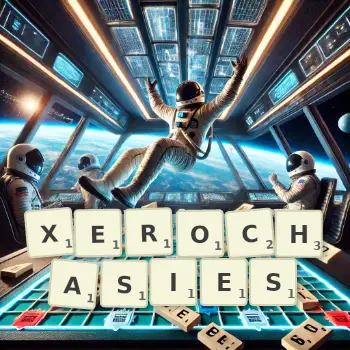Creative illustration for a Scrabble game with the word XEROCHASIES spelled out in tiles on the board.