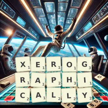 Creative illustration for a Scrabble game with the word XEROGRAPHICALLY spelled out in tiles on the board.