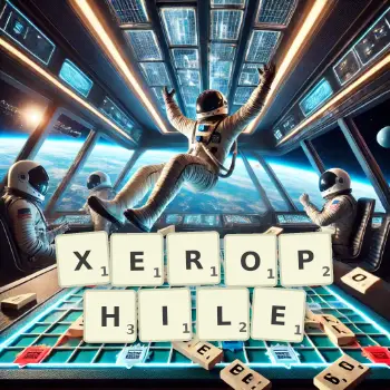 Creative illustration for a Scrabble game with the word XEROPHILE spelled out in tiles on the board.