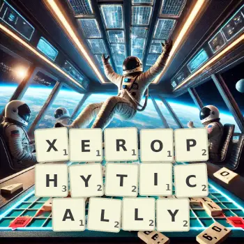 Creative illustration for a Scrabble game with the word XEROPHYTICALLY spelled out in tiles on the board.